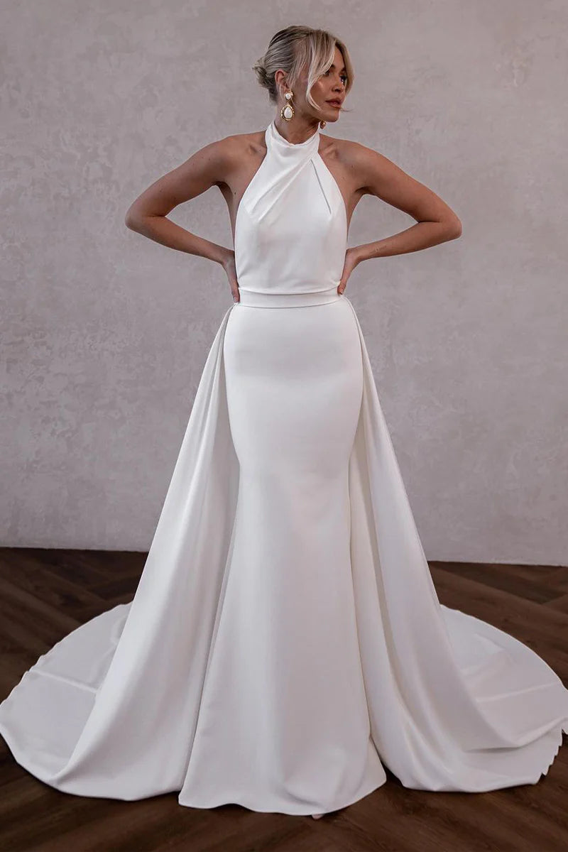 White Satin Halter Wedding Dresses with Detachable Train