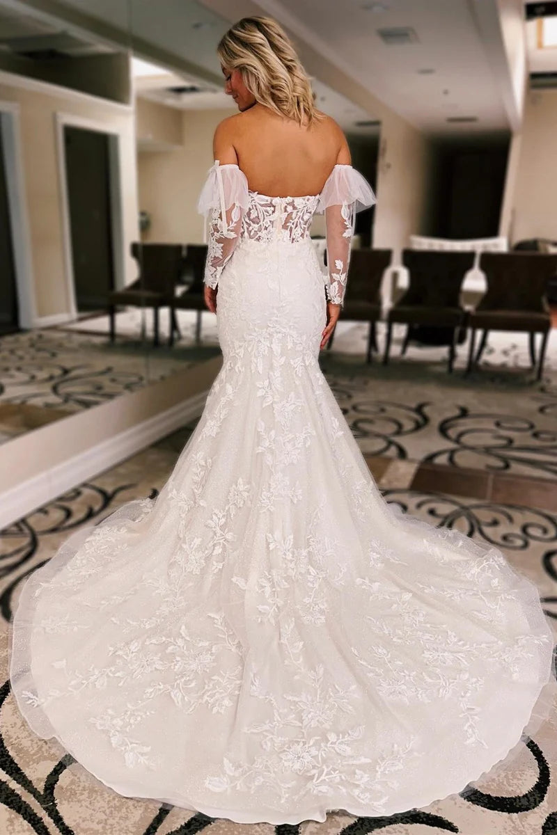 White Floral Lace Sweetheart Mermaid Wedding Dress with Detachable Sleeves Chapel Train Dress