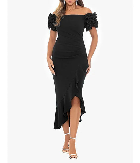 3D Ruffle Off-the-Shoulder Ruffle Front Ruched Detail Midi Dress Cocktail Dresses