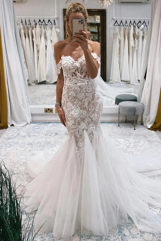Ivory Off the Shoulder Long Lace Mermaid Wedding Dress