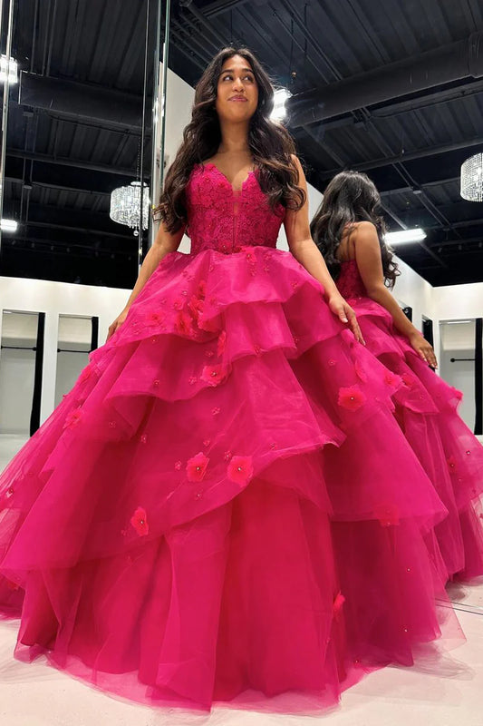 Fuchsia Sweetheart Tiered Tulle Ball Gown Prom Dresses with Appliques