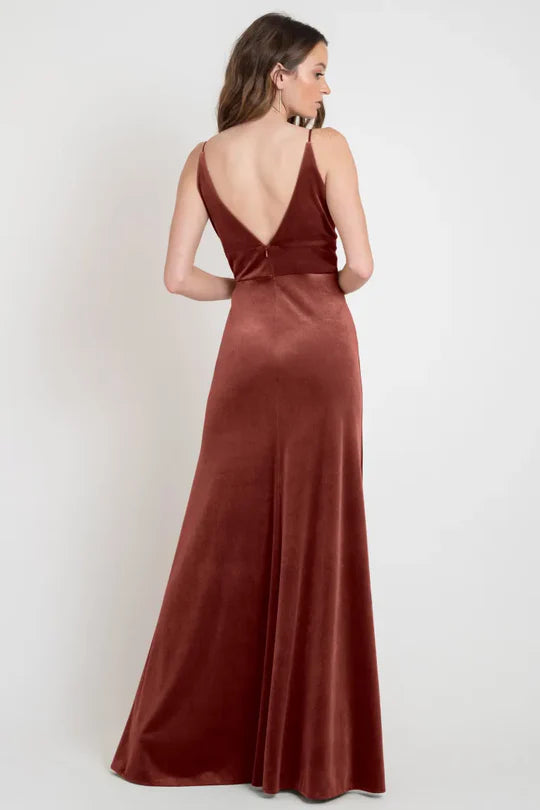 A-Line Deep V-Neck Floor-length Backless Velvet Bridesmaid Dresses Evening Dresses