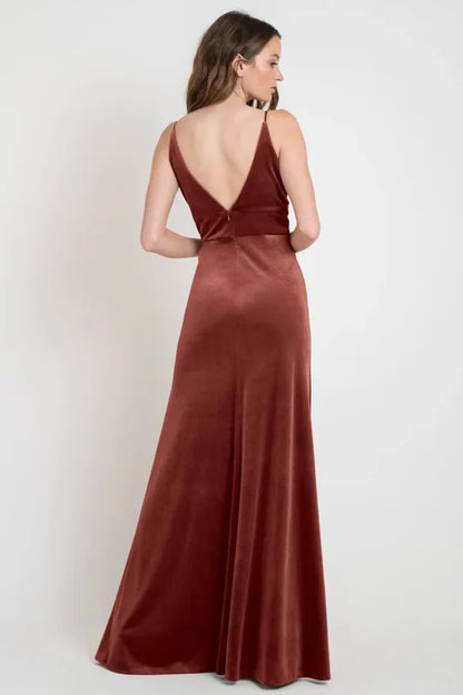 A-Line Deep V-Neck Floor-length Backless Velvet Bridesmaid Dresses Evening Dresses