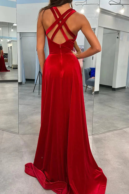 Red Velvet A-Line V Neck Long Prom Dress With Slit