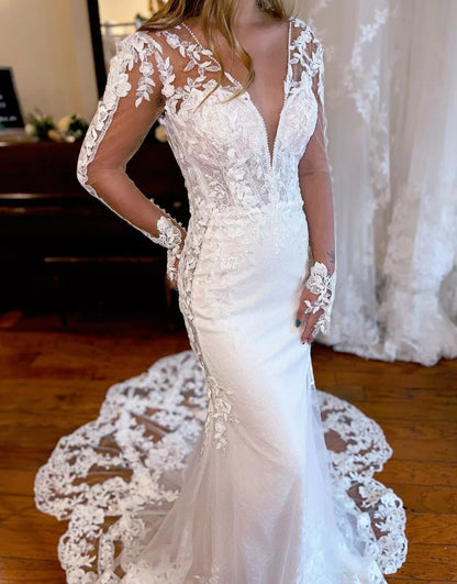 Mermaid V-Neck Removable Long Sleeves Wedding Dress With Appliques