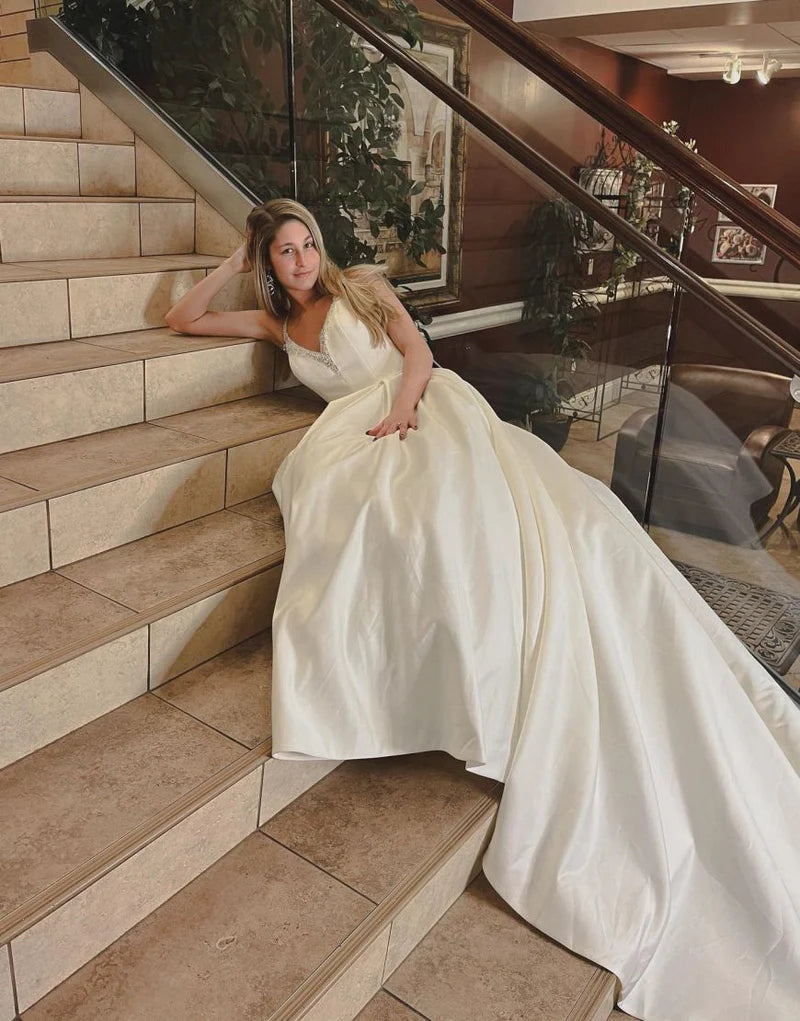 A-line V-Neck Chapel Train Satin Wedding Dress With Beading