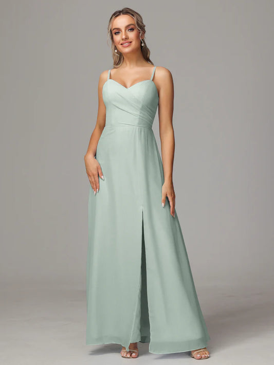 Spaghetti Straps Sweetheart Chiffon Floor-length Bridesmaid Dress With Slit