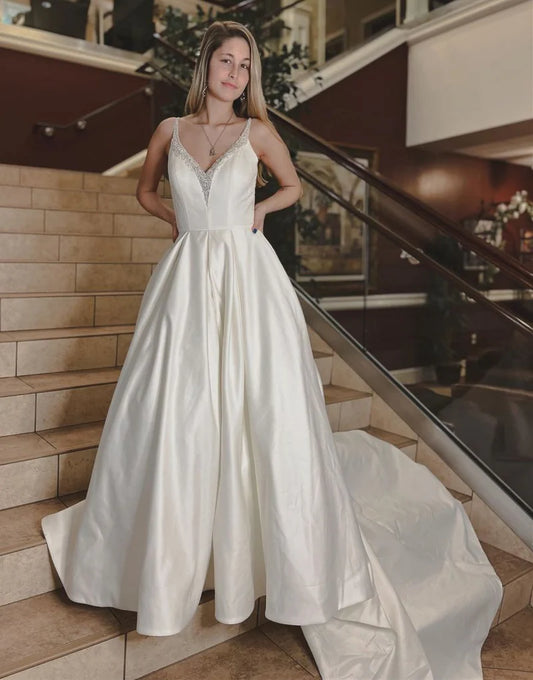 A-line V-Neck Chapel Train Satin Wedding Dress With Beading