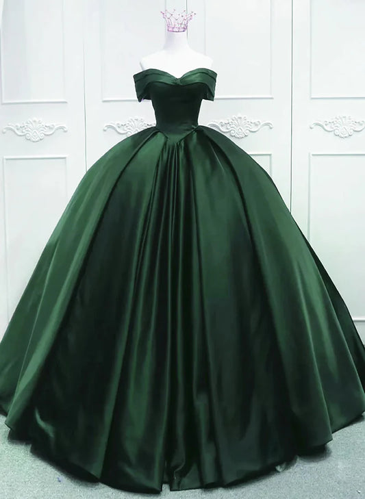 Off the Shoulder Ball Gown Dark Green Satin Quinceanera Dresses Princess Dress