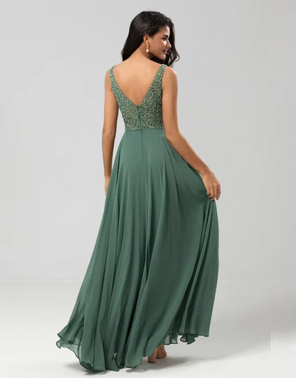 A Line V Neck Eucalyptus Long with Beading Bridesmaid Dress