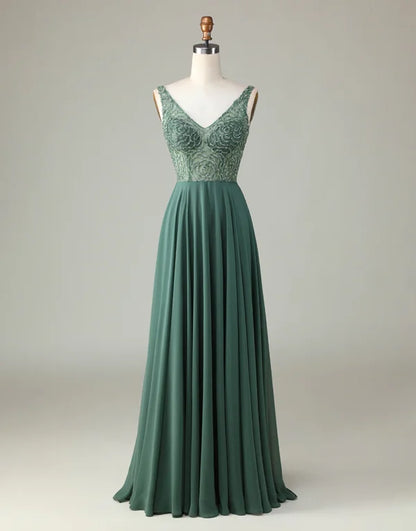 A Line V Neck Eucalyptus Long with Beading Bridesmaid Dress