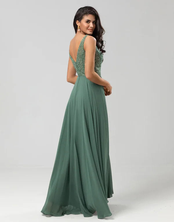 A Line V Neck Eucalyptus Long with Beading Bridesmaid Dress