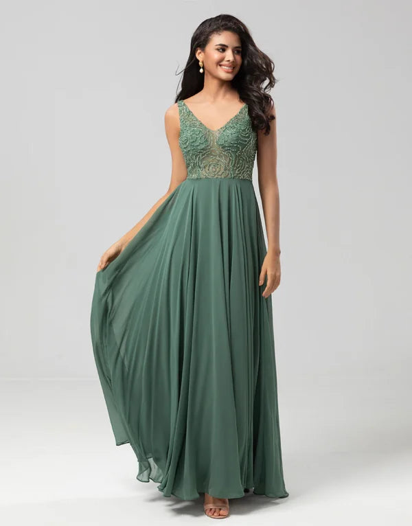 A Line V Neck Eucalyptus Long with Beading Bridesmaid Dress