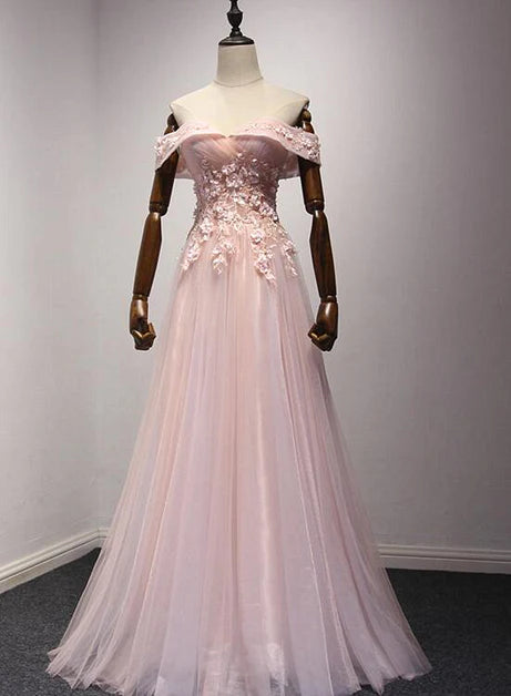 Pink Off Shoulder Handmade Formal Dress Long Prom Dresses