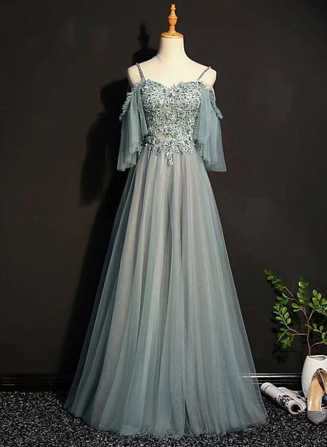 Light Green Tulle A-line Off Shoulder Party Dress Long Prom Dress