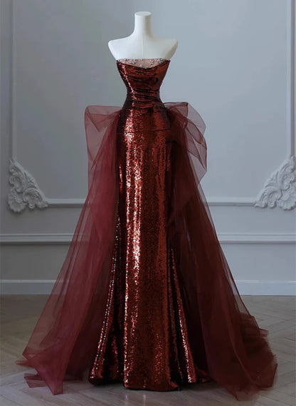 Wine Red Sequins and Tulle Beaded Long Party Dress Wine Red Evening Dress