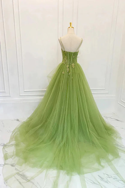 Green Tulle Straps Long Party Dress Green Tulle Lace Prom Dress