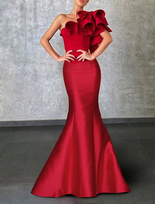 Mermaid Evening Gown Corsets Formal Wedding Guest Floor Length Sleeveless One Shoulder with Ruffles Shouder Flower