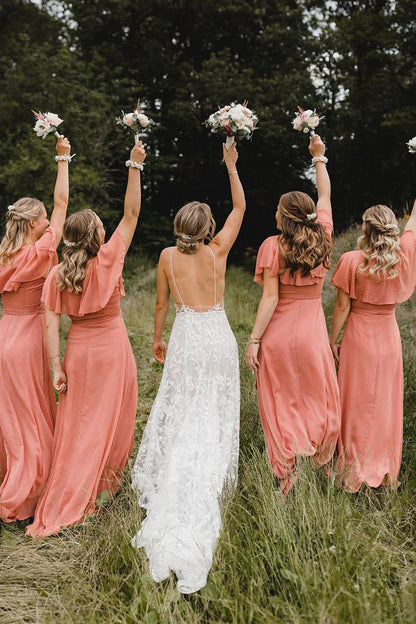 Simple A-Line Coral Chiffon Long Bridesmaid Dresses