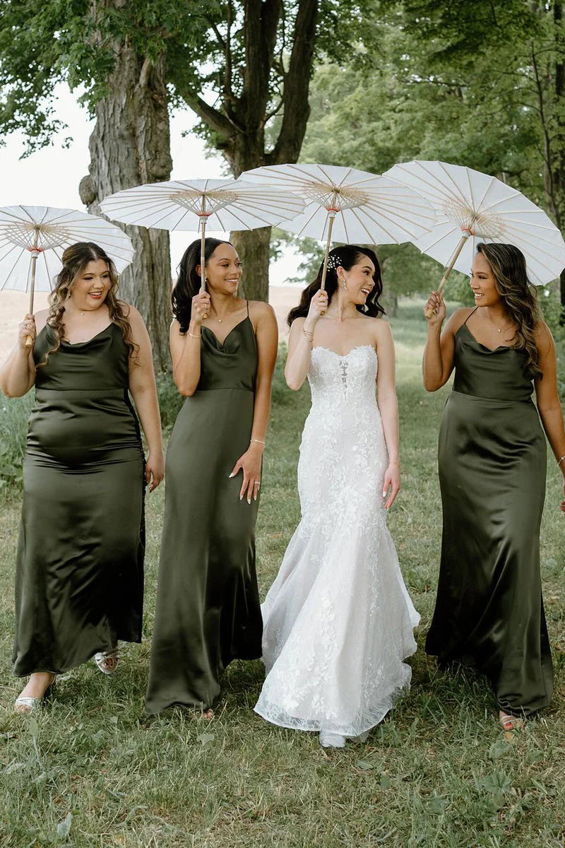 Hunter Green Silk Satin Cowl Neck Bridesmaid Dresses