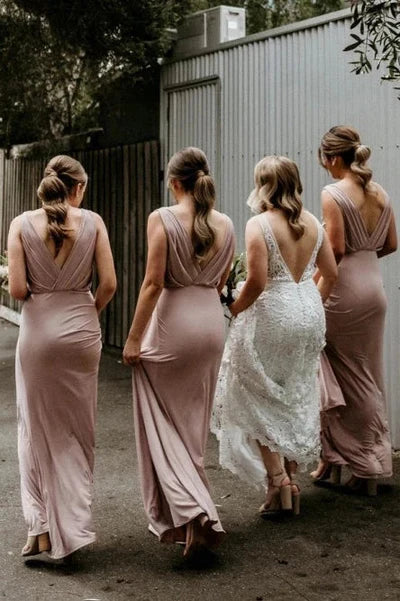 Chic V Neck Sleeveless Long Bridesmaid Dresses Simple Floor Length Bridesmaid Dress