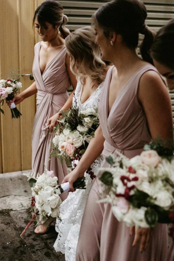 Chic V Neck Sleeveless Long Bridesmaid Dresses Simple Floor Length Bridesmaid Dress