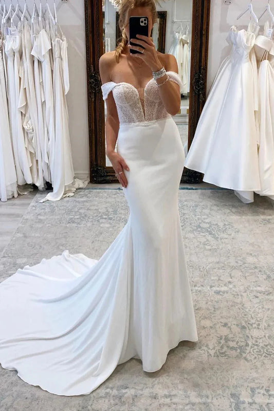 Charming Mermaid Off the Shoulder Satin Long Wedding Dresses with Beading