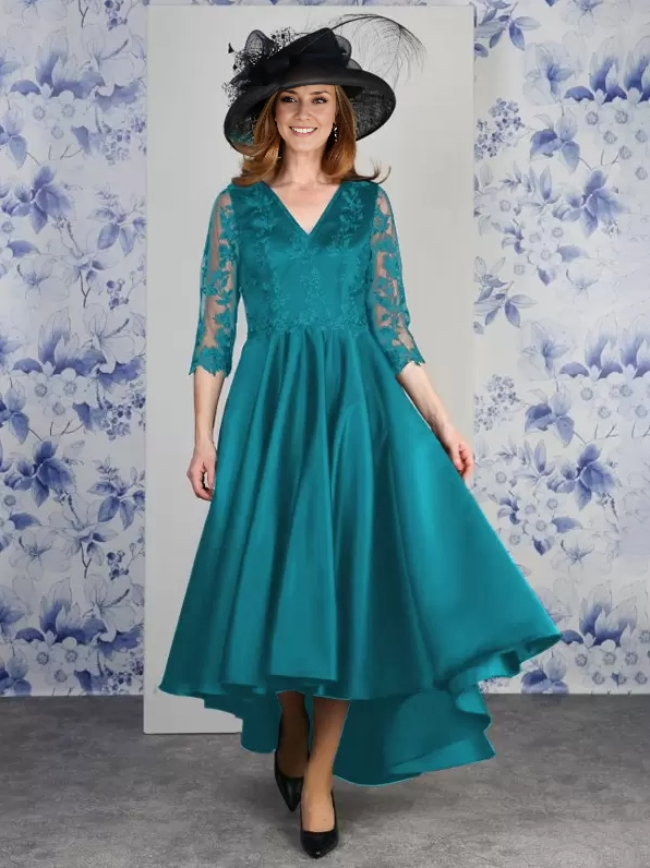 V-Neck 3/4 Length Sleeves A-Line Lace Tea-Length Wedding Guest Dresses Mother of the Bride Dresse