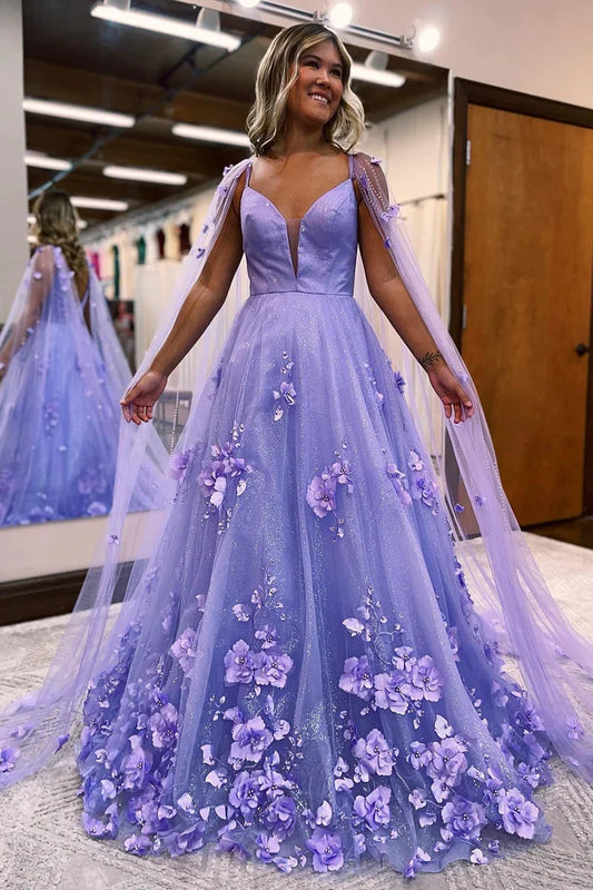 A-Line Lavender 3D Floral Lace Long Prom Dresses with Train