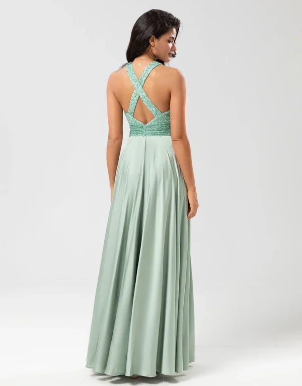 A Line V-Neck Long Bridesmaid Dress with Beading