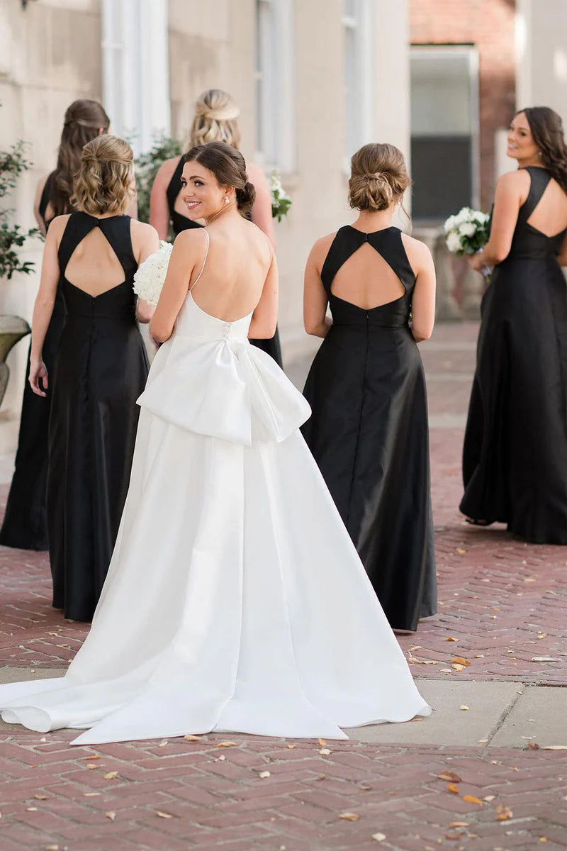 Simple A-Line Round Neck Black Satin Long Bridesmaid Dresses