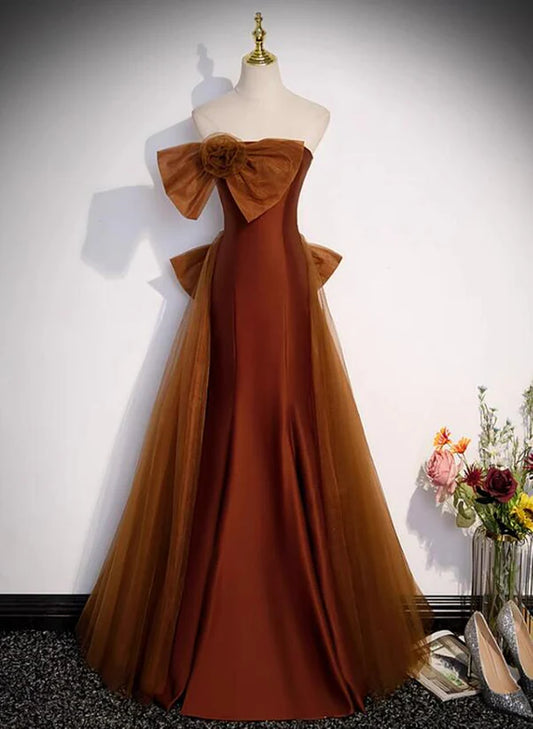 Mermaid Brown Tulle Satin Strapless Long Party Dress Formal Dress Prom Dress