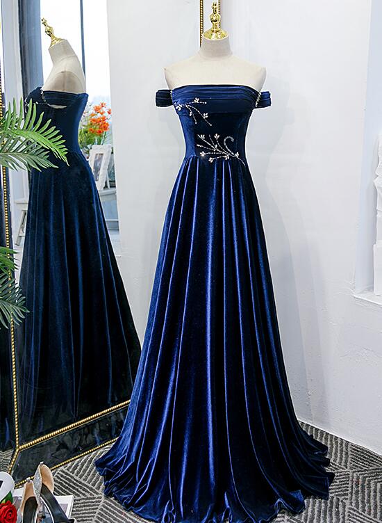 Blue Velvet Beaded Elegant Off Shoulder Evening Dress Blue Long Prom Dress Party Dress