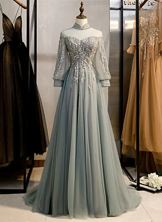 Charming Tulle Long Sleeves Beaded and Lace Long Party Dress A-line Tulle Formal Gown