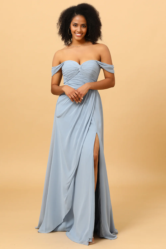 Off Shoulder Chiffon Blue Long Dress Bridesmaid Dress with Slit