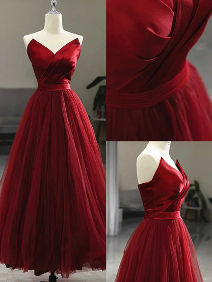 Wine Red Tea Length Tulle V-neckline Prom Dress Wine Red Tulle Party Dress