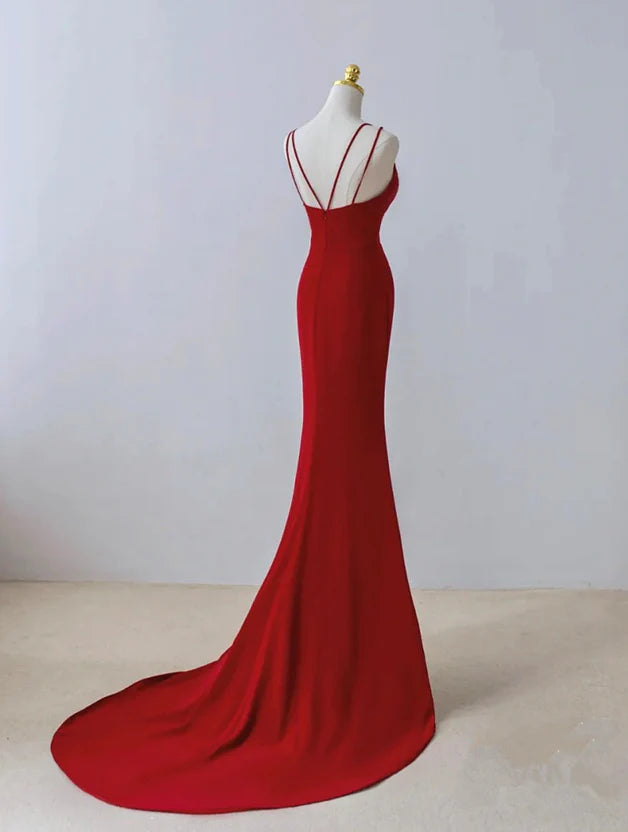 Pretty Red Mermaid Straps Long Evening Dress with Leg Slit Red Prom Dress