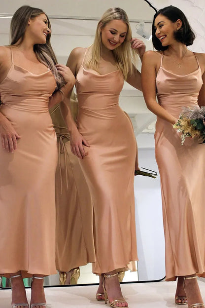 Dusty Rose Satin Sheath Lace-Up Back Bridesmaid Dress