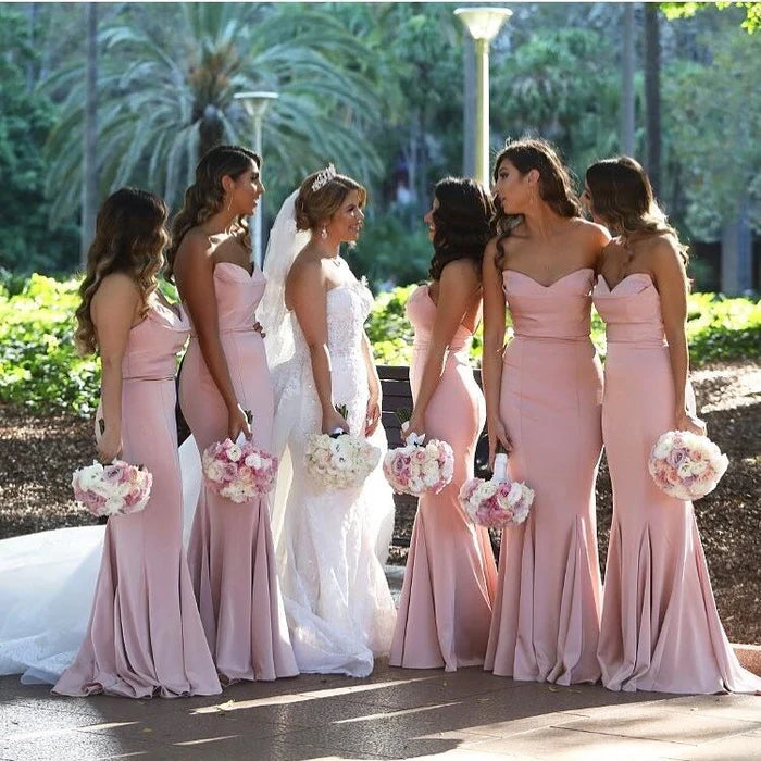 Mermaid Strapless Blush Pink Satin Bridesmaid Dresses Long Party Dresses