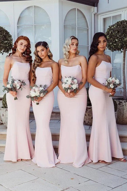 Simple Strapless Satin Cheap Long Bridesmaid Dresses