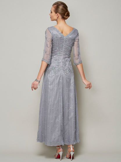 Sheath/Column V-neck 1/2 Sleeves Beading Long 30D Chiffon Mother of the Bride Dresses