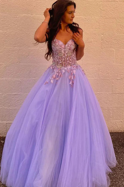 Cute A Line V Neck Lavender Tulle Long Prom Dresses with Appliques