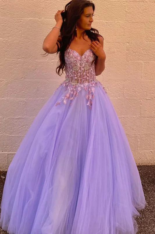 Cute A Line V Neck Lavender Tulle Long Prom Dresses with Appliques