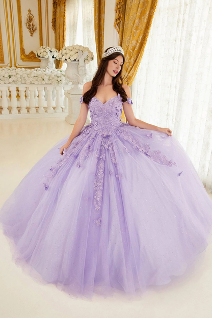 Lavender Floral Quince Ball Gown Princess Dress Floor Length with Crystals Appliques