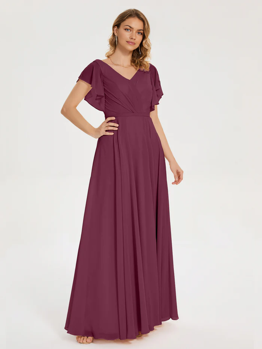 A-Line Princess V-neck Pleats Chiffon Bridesmaid Dress with Ruffles