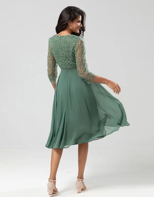 A Line V-Neck Eucalyptus with Long Sleeves Bridesmaid Dress