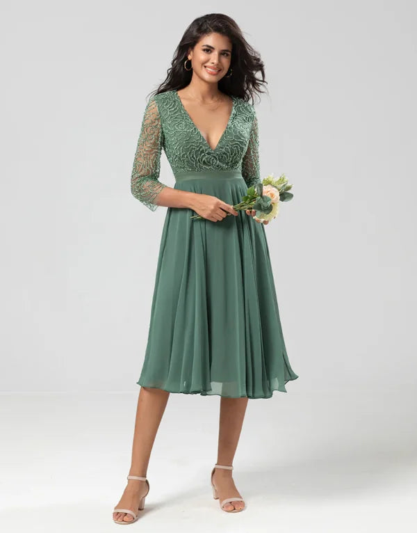 A Line V-Neck Eucalyptus with Long Sleeves Bridesmaid Dress