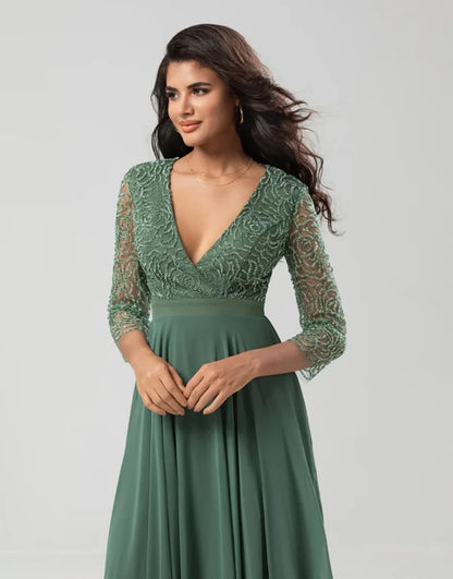 A Line V-Neck Eucalyptus with Long Sleeves Bridesmaid Dress