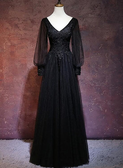 Beautiful Black Long Sleeves V-neckline Evening Dress Black Prom Dress