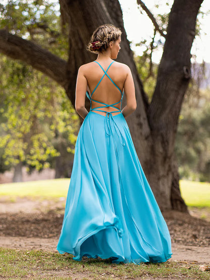 A-line Straight Across Chiffon Floor Length Cutout Back Prom Dress